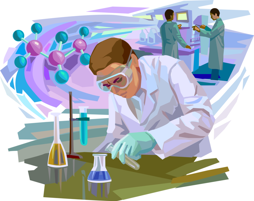 Vector Illustration of Laboratory Scientists and Researchers with Science Glassware Beakers Conduct Experiments