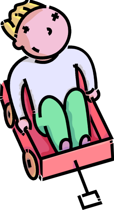 Vector Illustration of Primary or Elementary School Student Boy Sits in Red Wagon Waiting for Friend to Pull for Ride