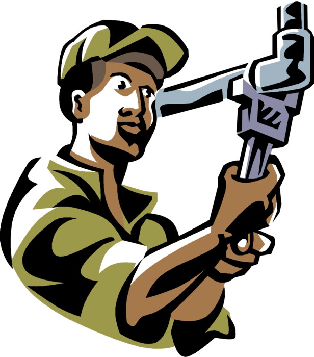 Vector Illustration of Plumber Tightens Plumbing Pipe with Pipe Wrench