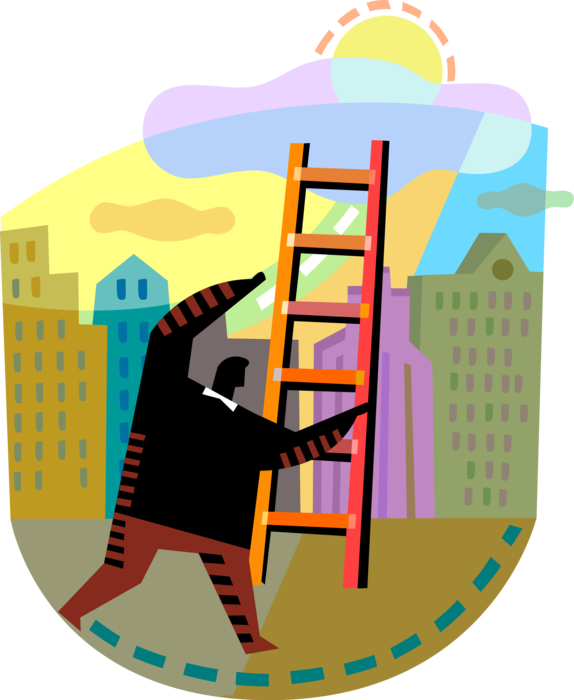 Vector Illustration of Ambitious Businessman Climbs Ladder to Career Advancement and Success in Workplace