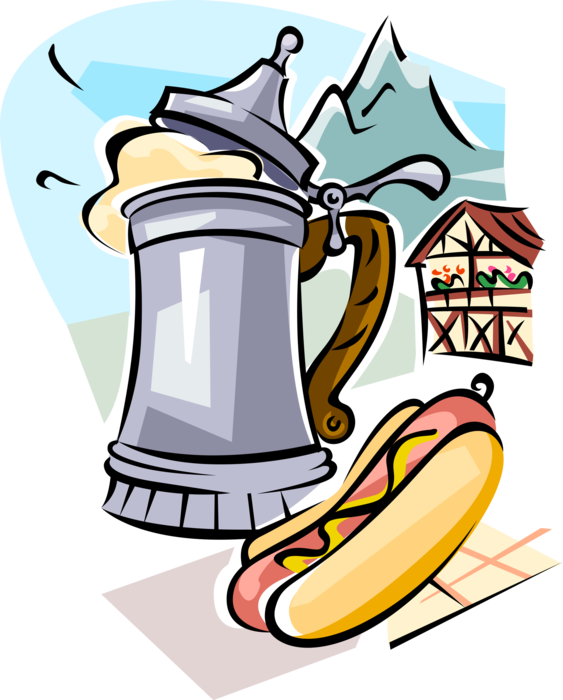 Vector Illustration of German Bratwurst Oktoberfest Sausage with Stein of Frothy Beer Ale