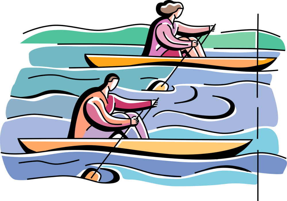 Vector Illustration of Scullers Rowing Sculling Boats in Race Competition on Water