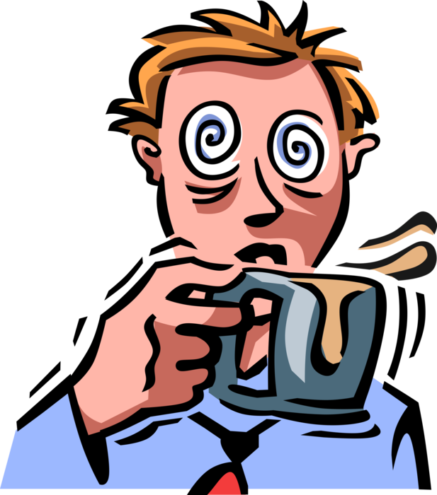 Vector Illustration of Fully Wired Businessman with Cup of Coffee and Caffeine Overload