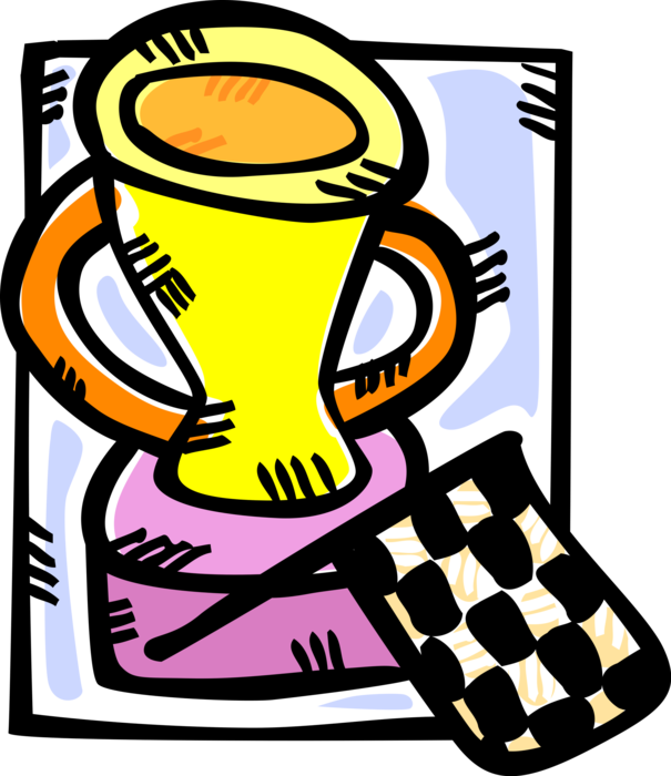 Vector Illustration of Auto Racing Winner's Trophy and Checkered or Chequered Flag at Finish Line