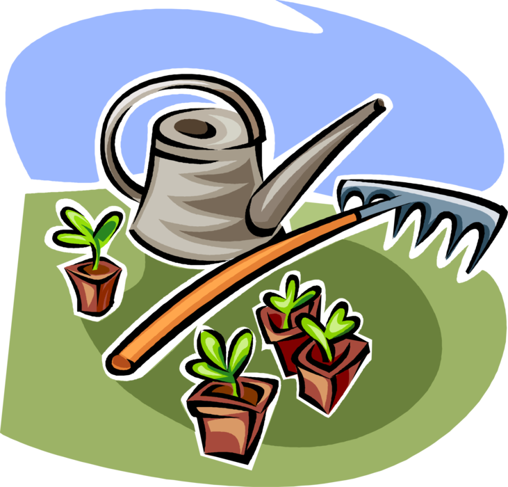 Vector Illustration of Gardening Watering Can, Garden Rake and Seedling Sprouts for Planting
