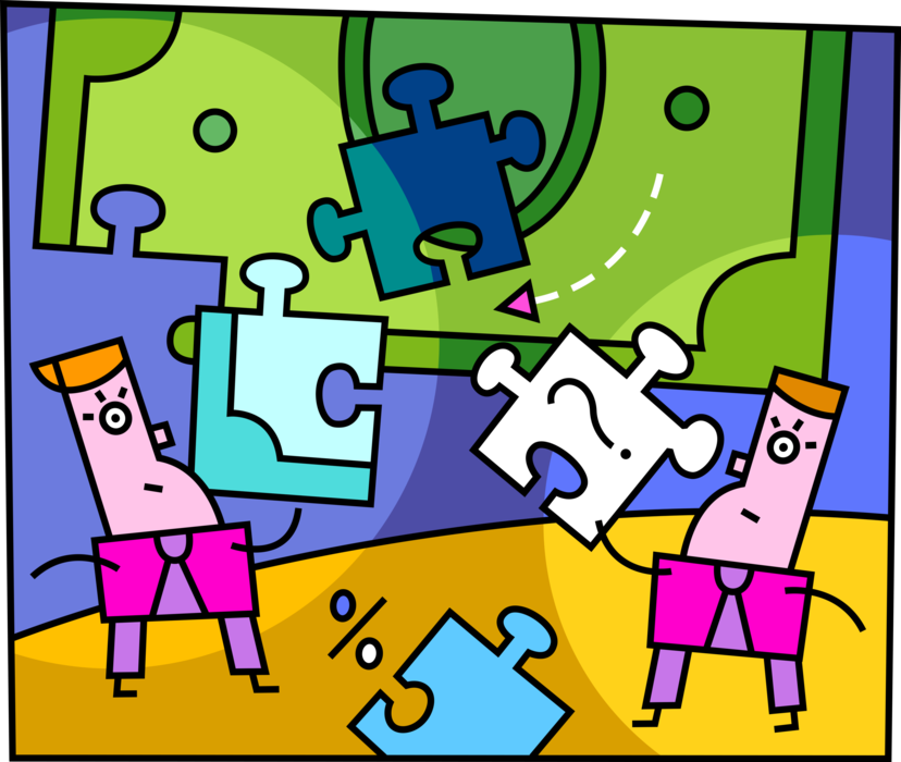 Vector Illustration of Businessmen Work in Teamwork and Collaboration to Solve Business Financial Goals with Puzzle Pieces