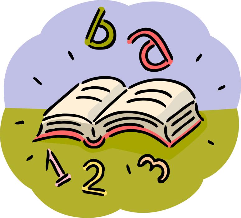 Vector Illustration of Opened Book Schoolbook Textbook with Numbers and Letters