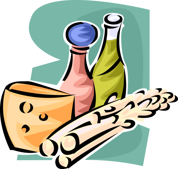 Vector Illustration of Dairy Cheese, Olive Oil and Vinegar with White Asparagus Spears