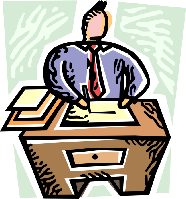 Vector Illustration of Businessman Works at Office Desk on Paperwork
