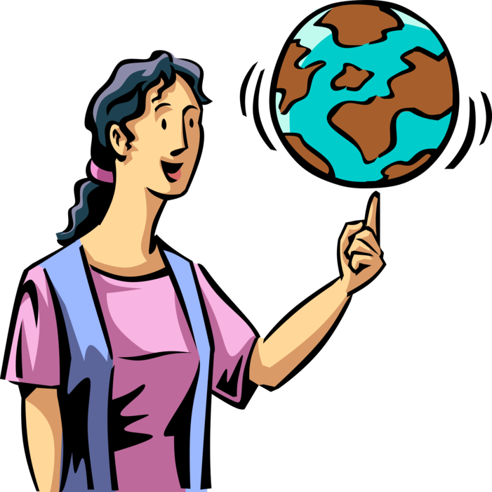 Vector Illustration of Businesswoman Spins World Globe on Finger