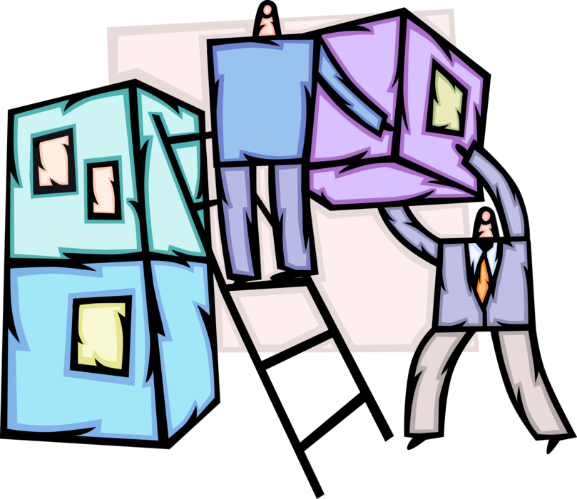 Vector Illustration of Businessmen Use Teamwork and Collaboration to Stack Boxes