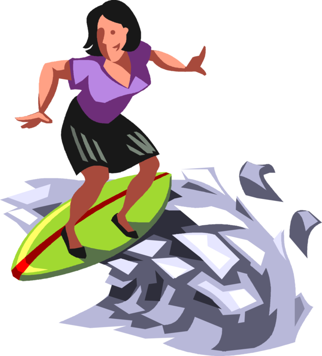 Vector Illustration of Accomplished Businesswoman Surfer Surfs on Wave of Office Paperwork Documents with Surfboard
