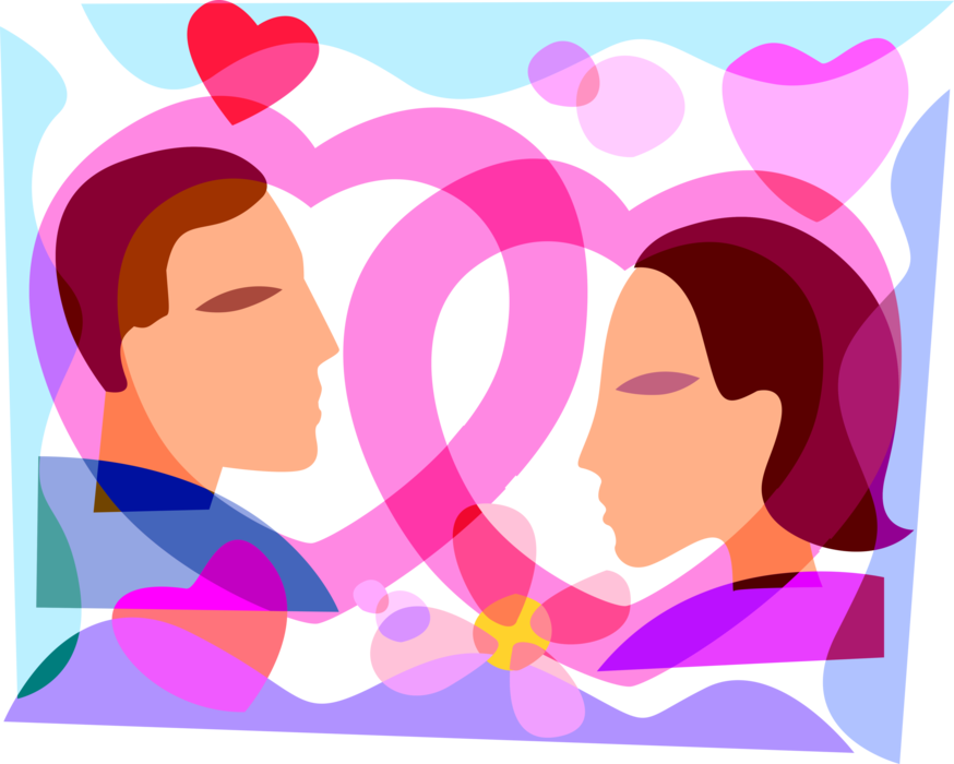 Vector Illustration of Two Lovers with Intertwined Romance Love Hearts on Valentine's Day