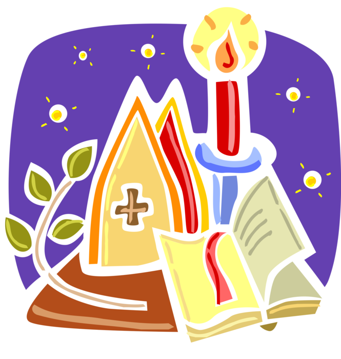 Vector Illustration of Christian Religion Holy Bible with Burning Candle, Bishop's Mitre Hat