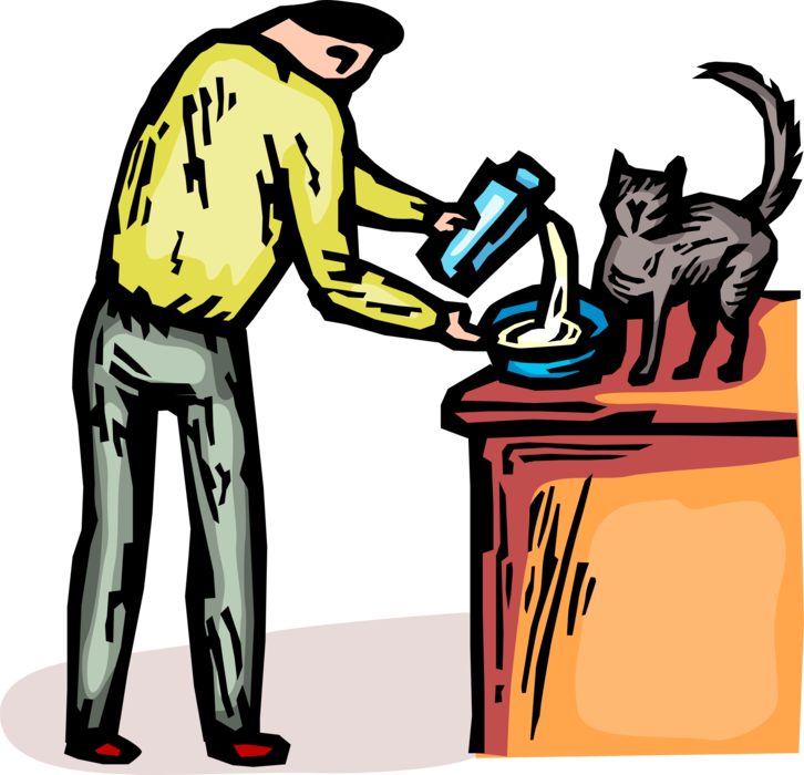 Vector Illustration of Cat Lover Pours Milk in Bowl for Domestic Housecat Family Pet Kitten Cat