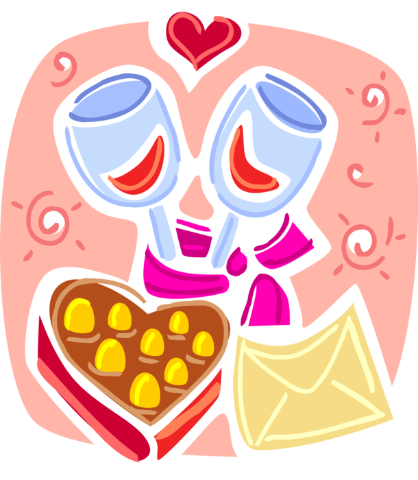Vector Illustration of Valentine's Day Sentimental Gift Candy Confection Chocolates with Wine Glasses and Love Hearts