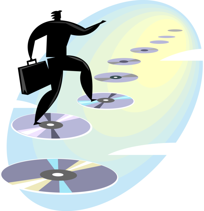 Vector Illustration of Businessman Walks on DVD Multimedia Digital Storage Disks to Success