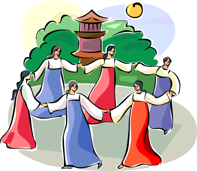 Vector Illustration of Ch'Usok - South Korean Harvest Festival Round Dance