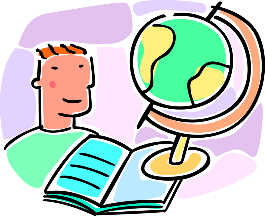 Vector Illustration of School Student with Geography Class Globe and Schoolbook Textbook