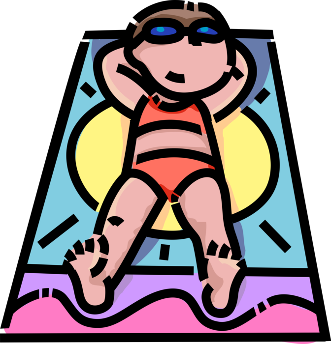 Vector Illustration of Primary or Elementary School Student Girl Sun Worshiper Tanning Outdoors in Summer