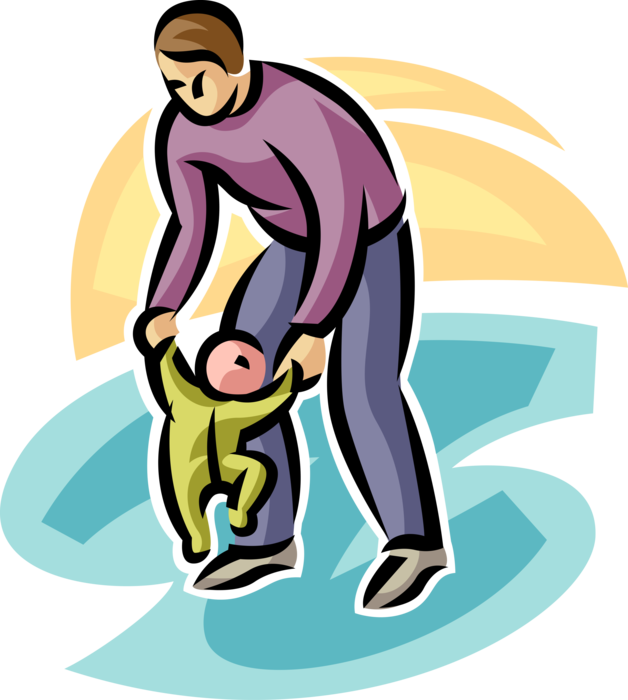 Vector Illustration of Father Teaches Newborn Infant Baby to Walk