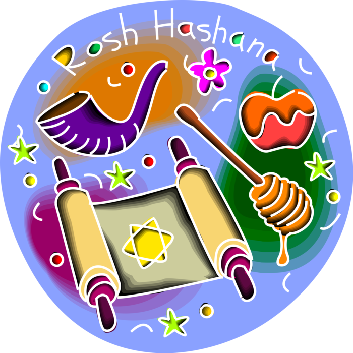Vector Illustration of Hebrew Jewish Rosh Hashanah Celebration Feast with Honey, Sliced Apples and Torah Scroll