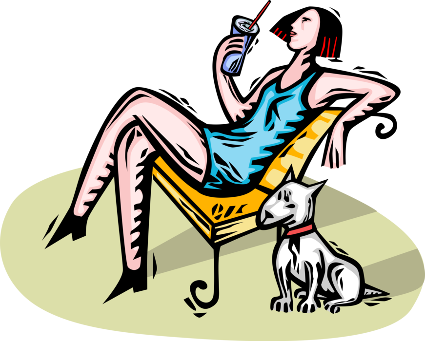 Vector Illustration of Teenager Relaxes on Park Bench, Sipping Soda Pop Soft Drink with Family Pet Dog
