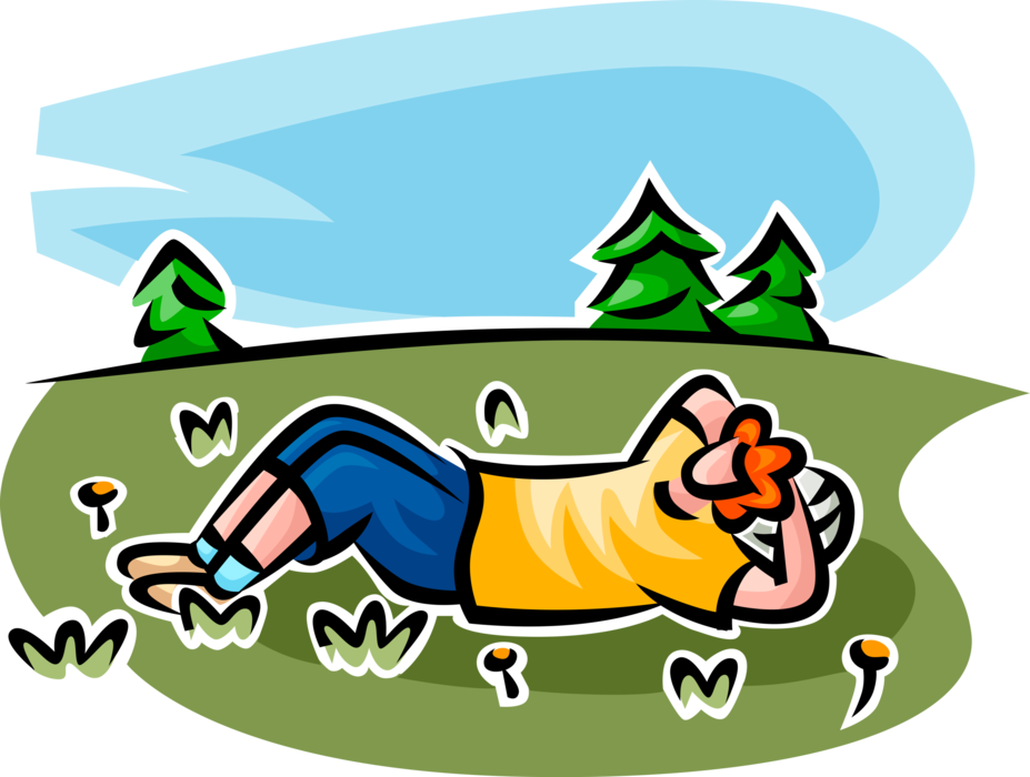 Vector Illustration of Relaxing in Outdoor Meadow or Field with Evergreen Conifers and Wildflowers