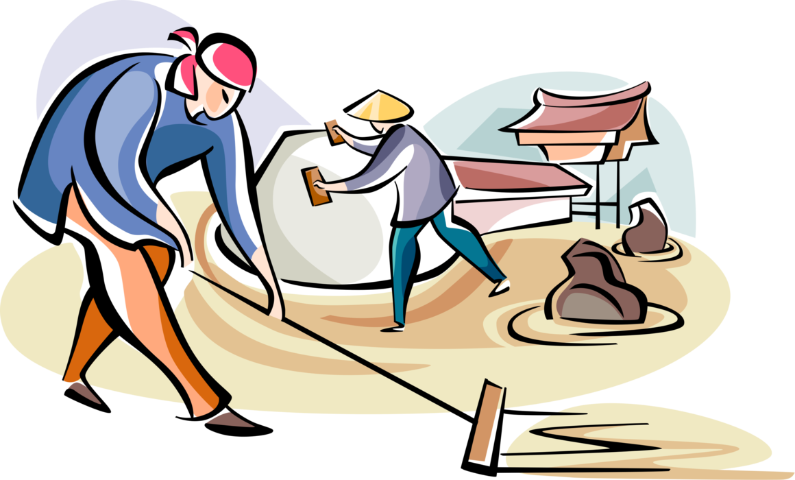 Vector Illustration of Asian Laborers Create Japanese Dry Landscape Rock or Zen Garden