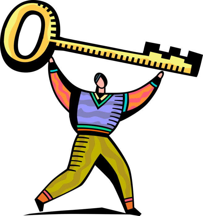 Vector Illustration of Businessman Holds Skeleton Security Key to Unlock Padlock Locks