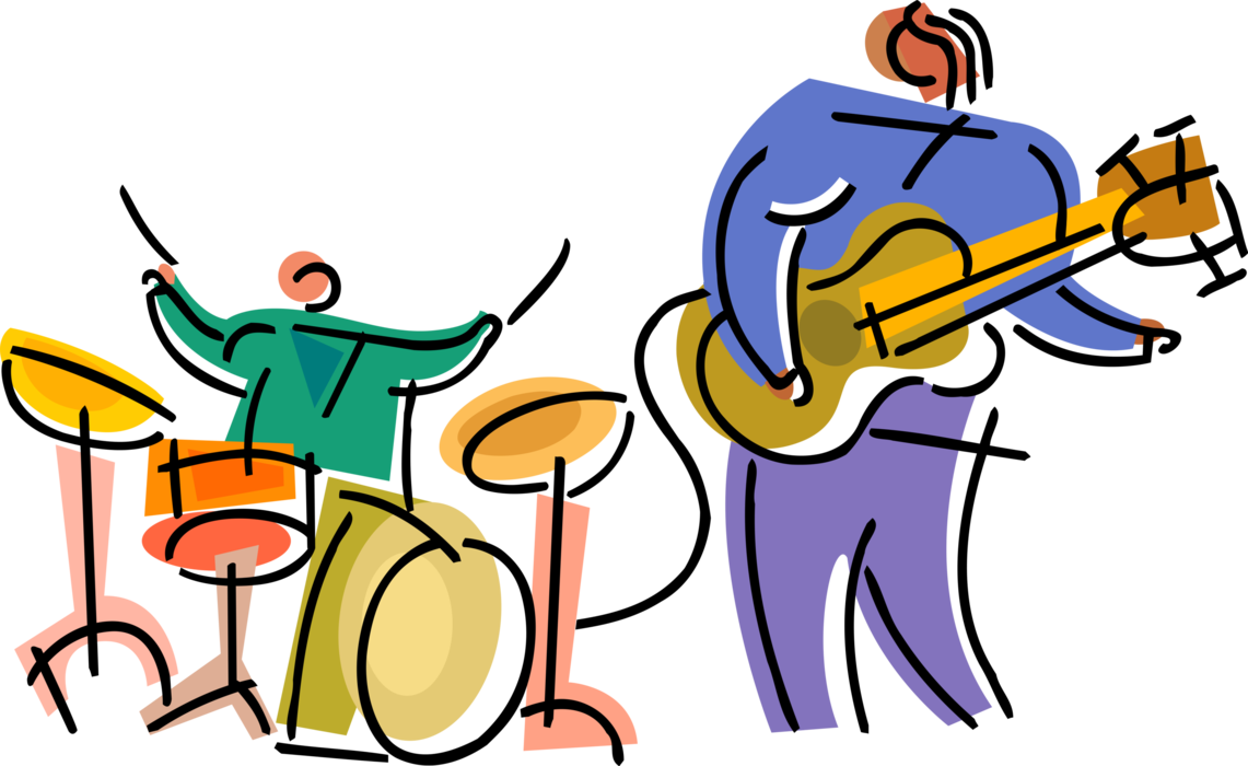 Vector Illustration of Rock and Roll Musician Percussionist Drummer and Guitarist Play Musical Instruments in Band