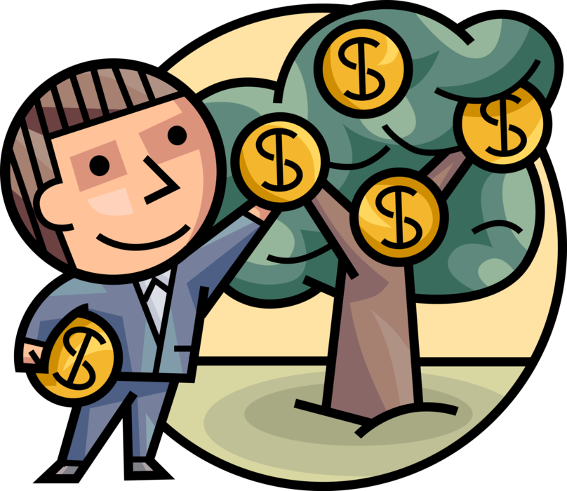 Vector Illustration of Businessman Picks Cash Money Coins from Mythological Money Tree
