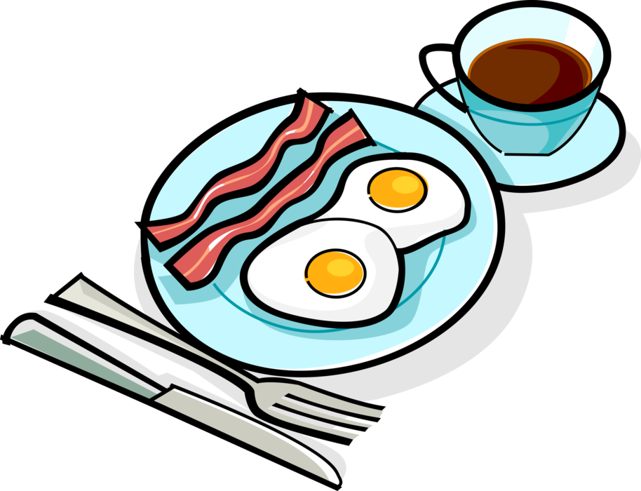 Vector Illustration of Traditional Bacon and Eggs Breakfast with Cup of Coffee