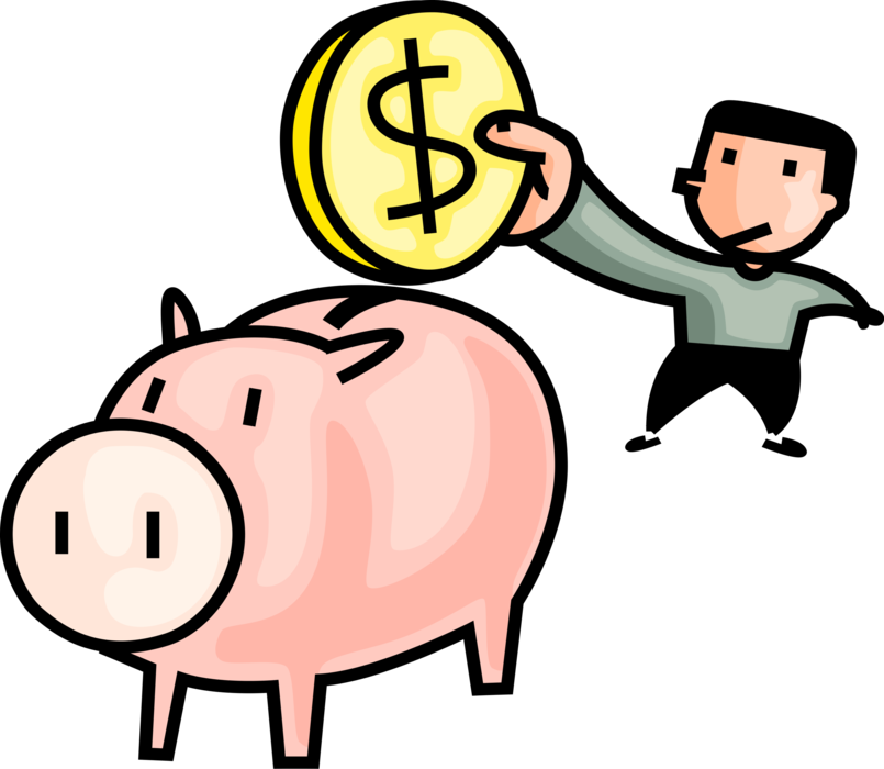 Vector Illustration of Investor Makes Financial Deposit to Savings Piggy Bank with Cash Money Dollar Coin