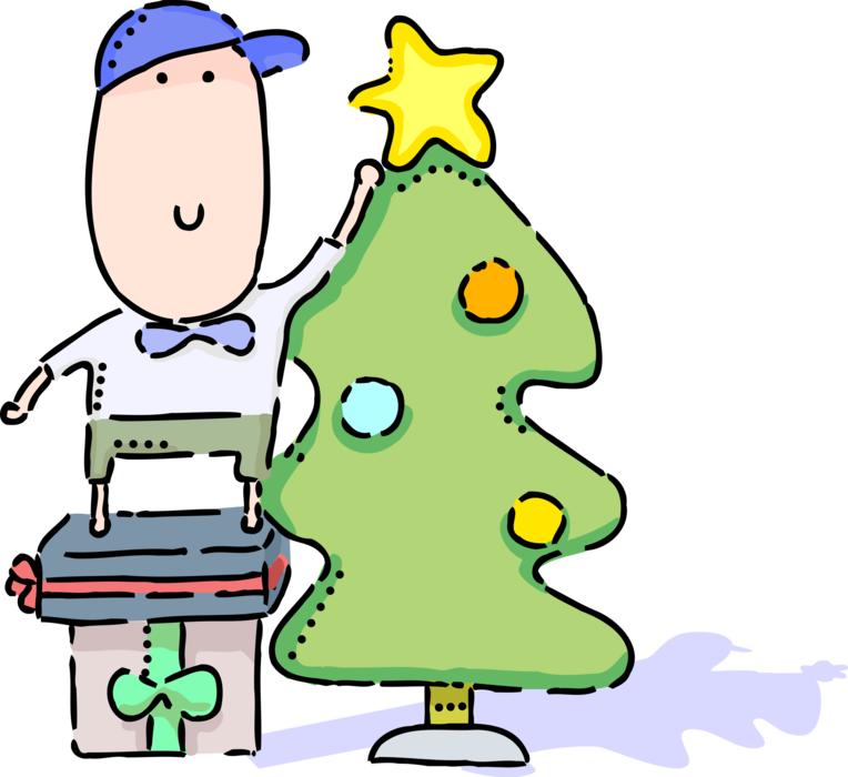 Vector Illustration of Decorating Evergreen Christmas Tree with Star Ornament Decoration