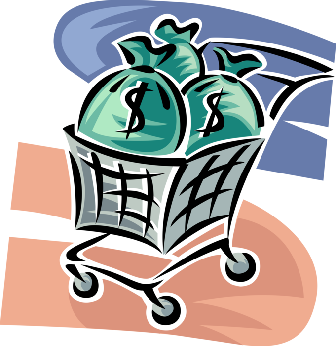 Vector Illustration of Bags of Cash Money Dollars in Grocery Shopping Cart