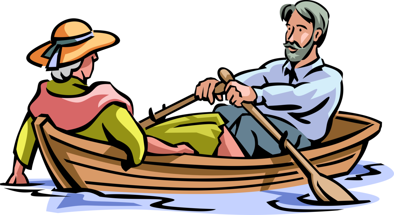 Vector Illustration of Retired Elderly Senior Citizens Enjoy Romantic Rowboat Ride on Lake in Wooden Boat with Oars