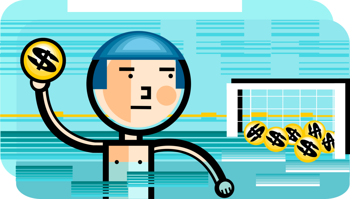 Vector Illustration of Businessman Water Polo Player Throws Cash Money Dollar Ball at Goal Net to Score