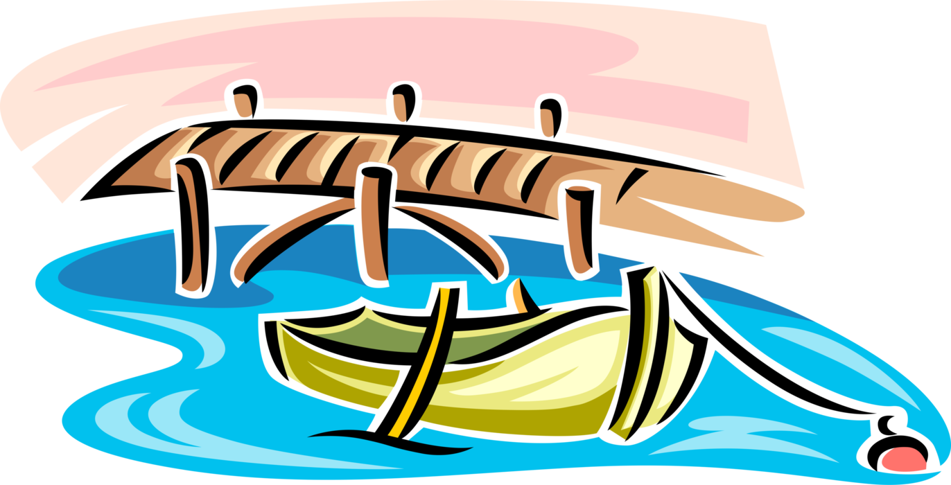 Vector Illustration of Rowboat or Row Boat Watercraft with Oars Anchored at Seashore Dock