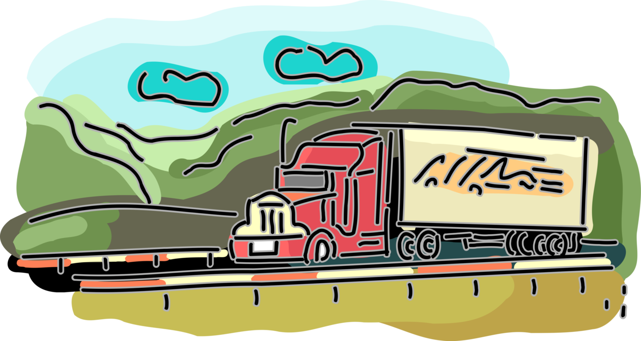 Vector Illustration of Commercial Shipping and Delivery Transport Truck Vehicle Delivers Goods and Materials via Interstate Highway 