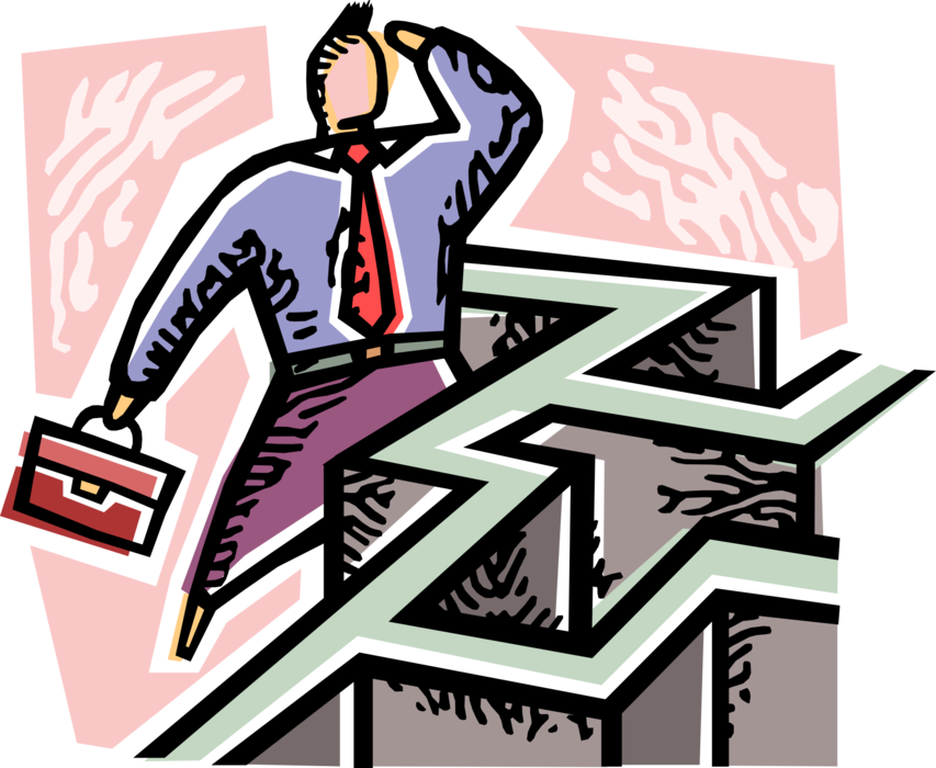 Vector Illustration of Businessman Negotiates Maze Labyrinth with Walls and Passageways