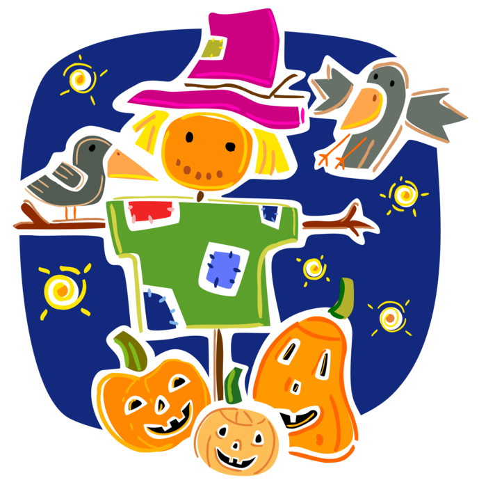 Vector Illustration of Harvest Halloween Jack-o'-Lantern Pumpkins and Scarecrow to Frighten Crows or Birds Away from Crops