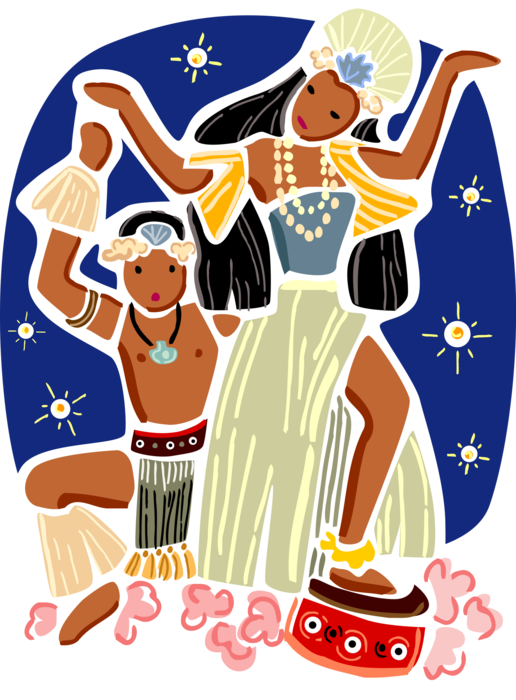 Vector Illustration of Polynesian Traditional Dancers Perform Exotic Dance at Festival Celebration