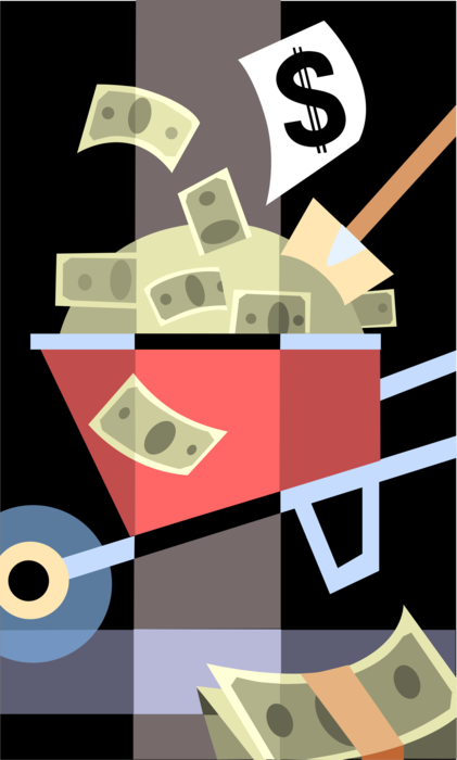 Vector Illustration of Wheelbarrow with Cash Dollar Bill Paper Money Monetary Currency of the United States