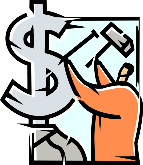 Vector Illustration of Businessman Sculptor with Hammer and Chisel Sculpts Financial Cash Money Dollar Sign