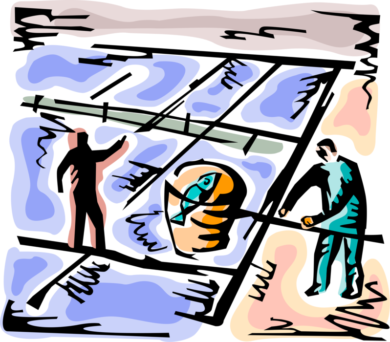 Vector Illustration of Aquaculture or Aquafarming Fish Farming Commercial Fisherman Angler Catches Fish with Net