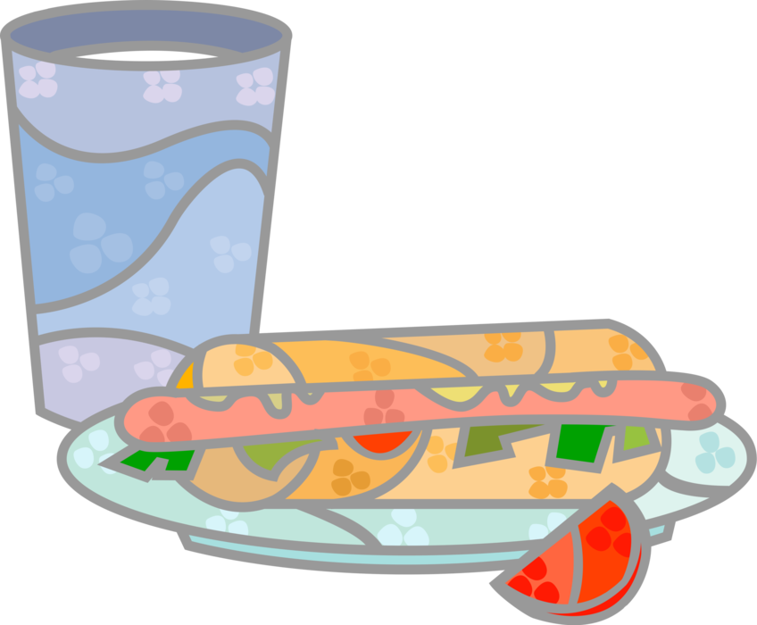 Vector Illustration of Snack or Lunch Sandwich with Tomato and Lettuce Between Slices of Bread with Glass of Milk