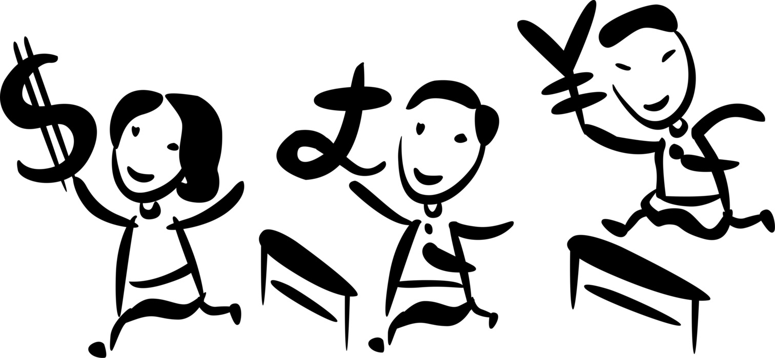 Vector Illustration of International Currency Track and Field Hurdlers with Japanese Yen, British Pound, and Dollar Signs