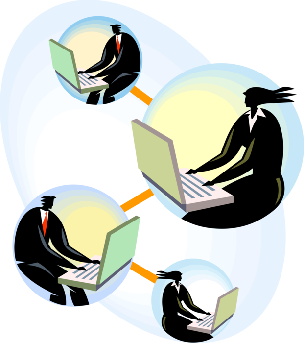 Vector Illustration of Business Associates with Computers Using Technology Networking Teamwork and Connectivity