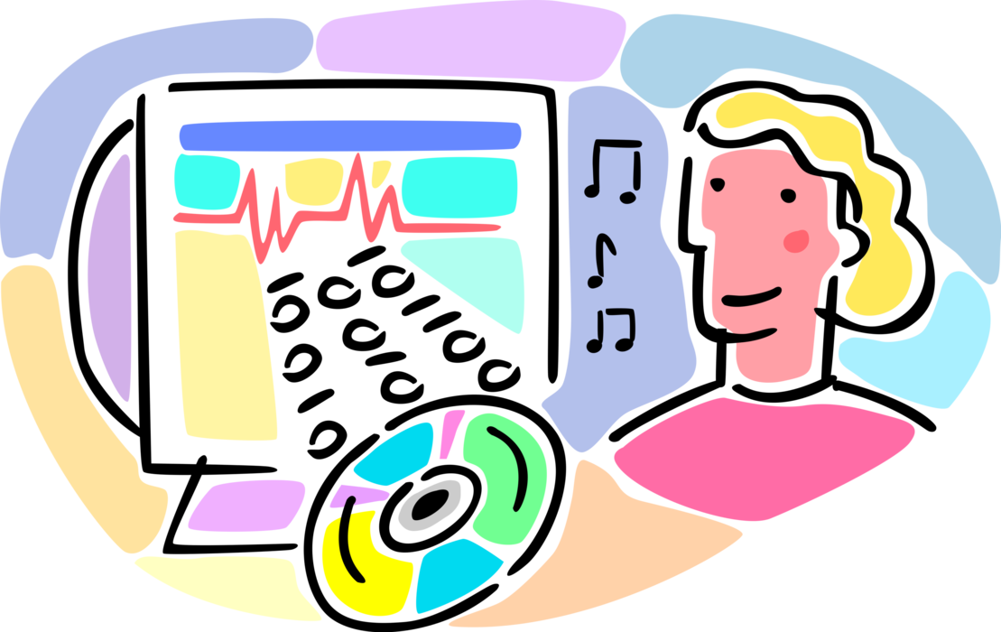 Vector Illustration of Digital Music Audio Binary Data DVD and CD ROM Compact Disc Disk and Computer